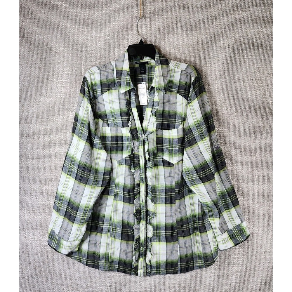 Lane Bryant Plaid Cotton Blouse Ruffle Front Womens 22/24 Green Black White NWT